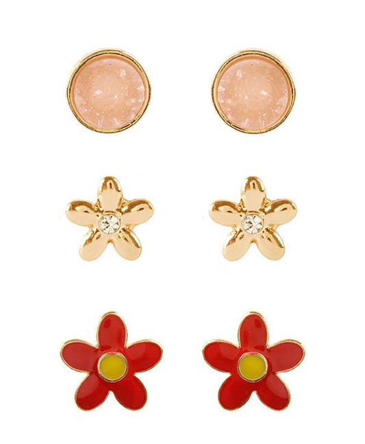 Metal Druzy Flower 3 Pair Earring