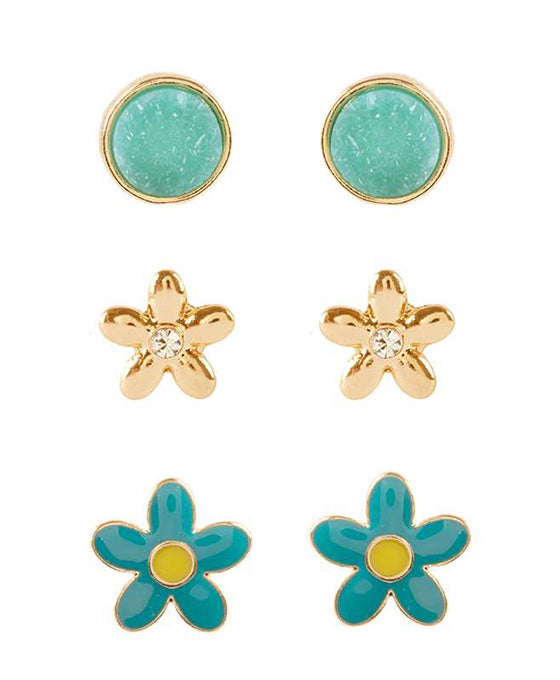 Metal Druzy Flower 3 Pair Earring