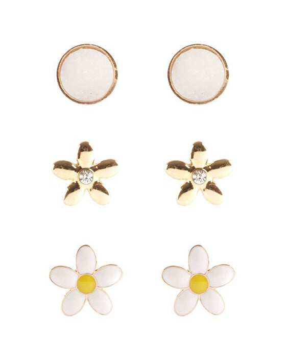 Metal Druzy Flower 3 Pair Earring
