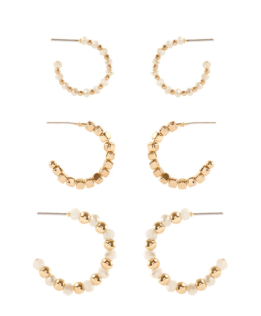 Metal Glass Bead 3 Pair Hoop Earring