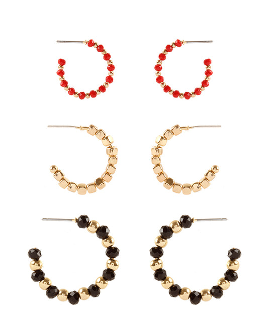 Metal Glass Bead 3 Pair Hoop Earring