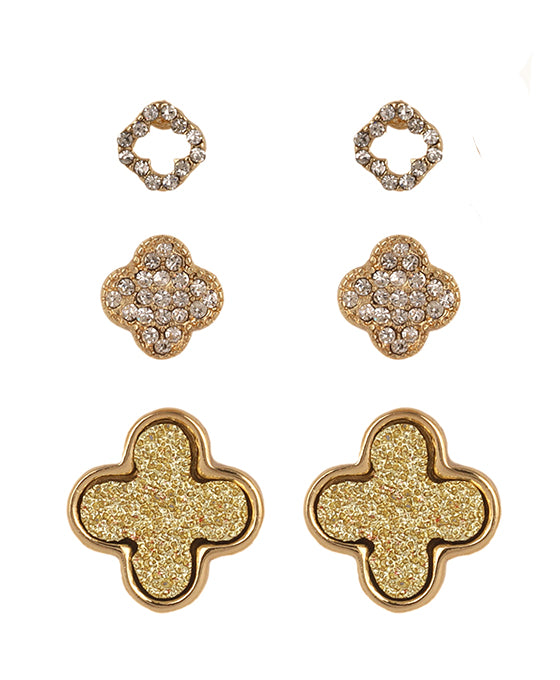 Druzy Rhinestone Pave Clover 3 Pair Post Earring