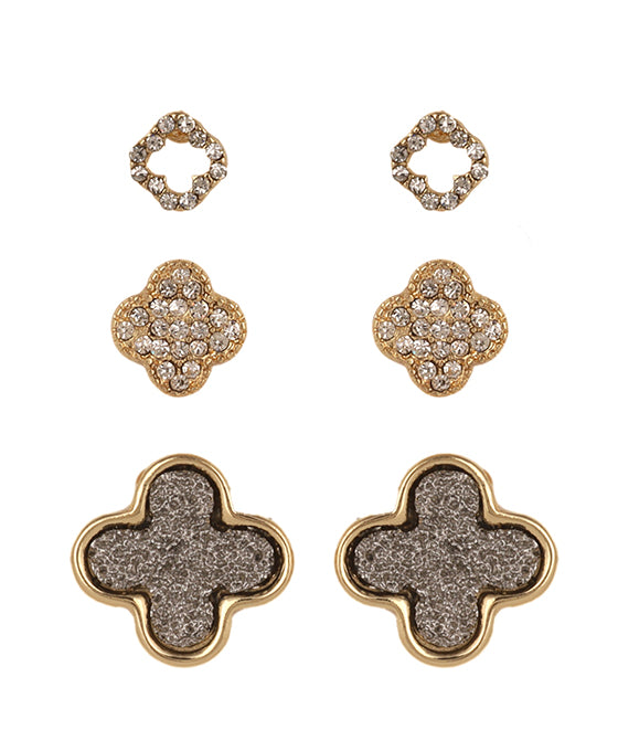 Druzy Rhinestone Pave Clover 3 Pair Post Earring
