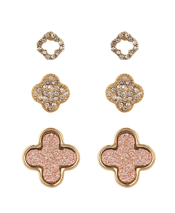 Druzy Rhinestone Pave Clover 3 Pair Post Earring