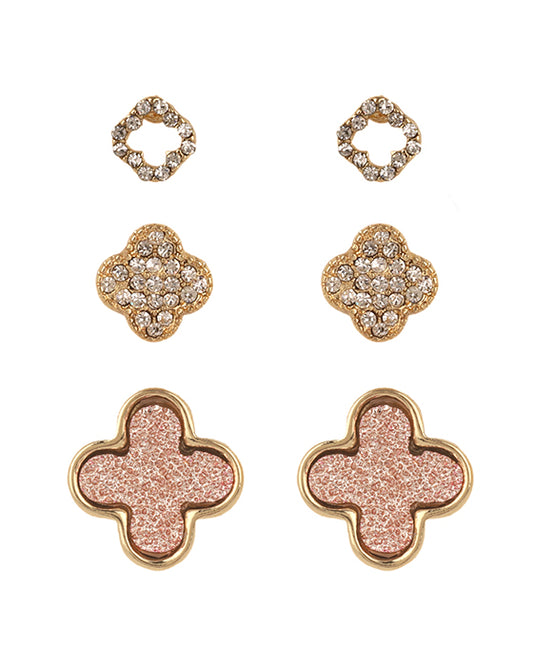 Druzy Rhinestone Pave Clover 3 Pair Post Earring