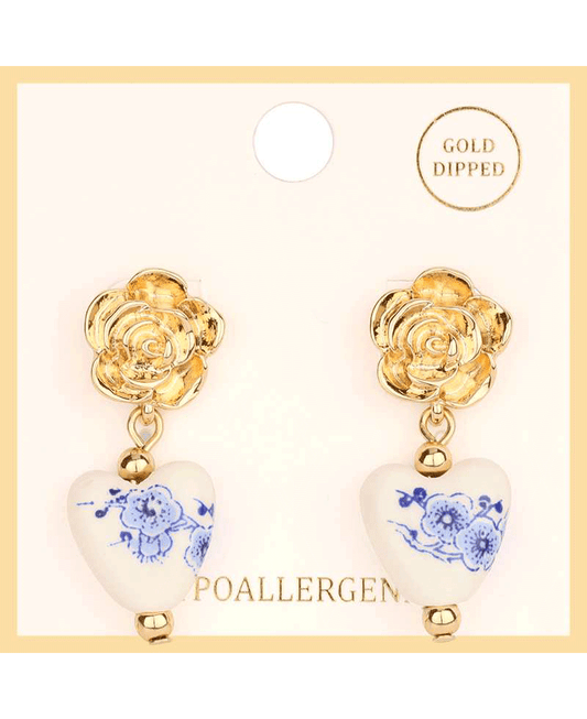 Metal Flower & Ceramic Heart Post Earring