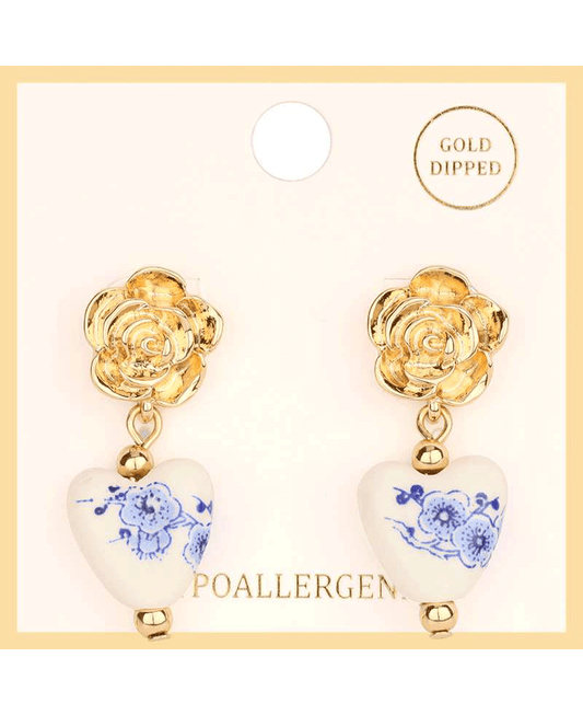 Metal Flower & Ceramic Heart Post Earring