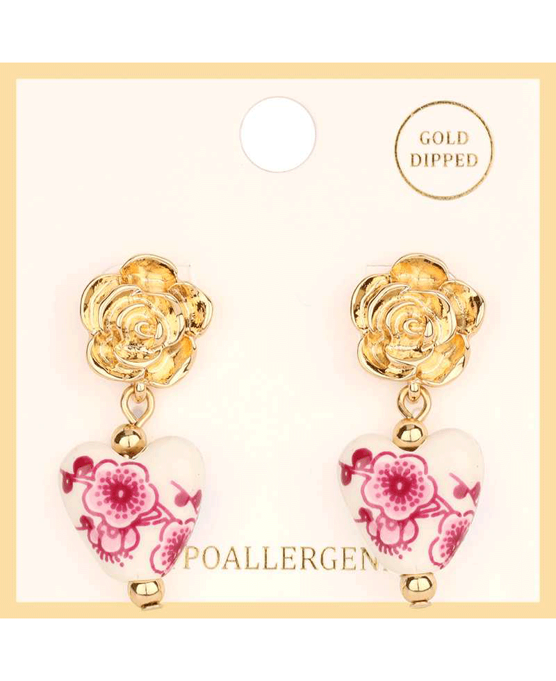 Metal Flower & Ceramic Heart Post Earring