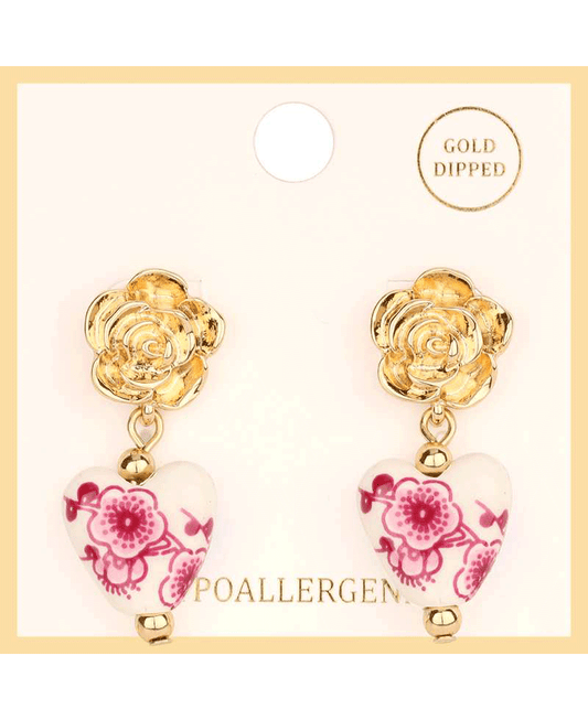 Metal Flower & Ceramic Heart Post Earring