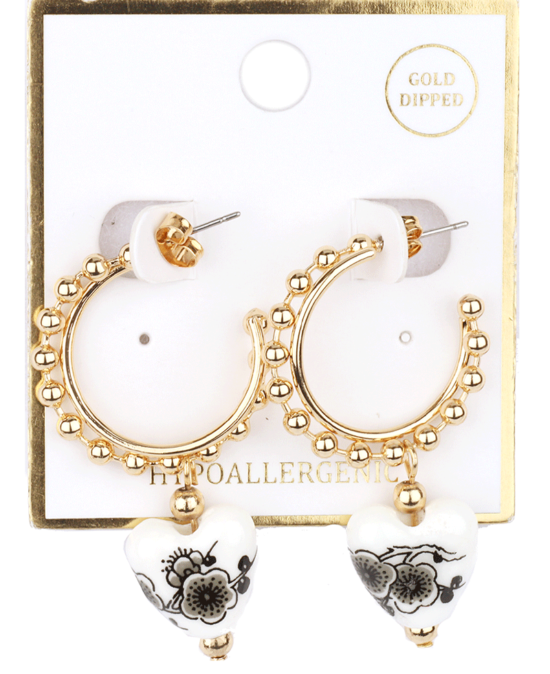 Ball Chain Ceramic Heart 25mm Hoop Earring