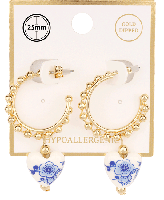Ball Chain Ceramic Heart 25mm Hoop Earring