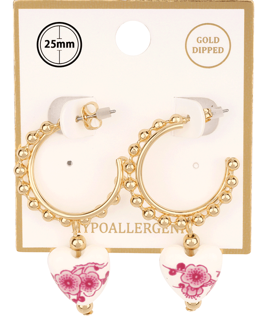 Ball Chain Ceramic Heart 25mm Hoop Earring