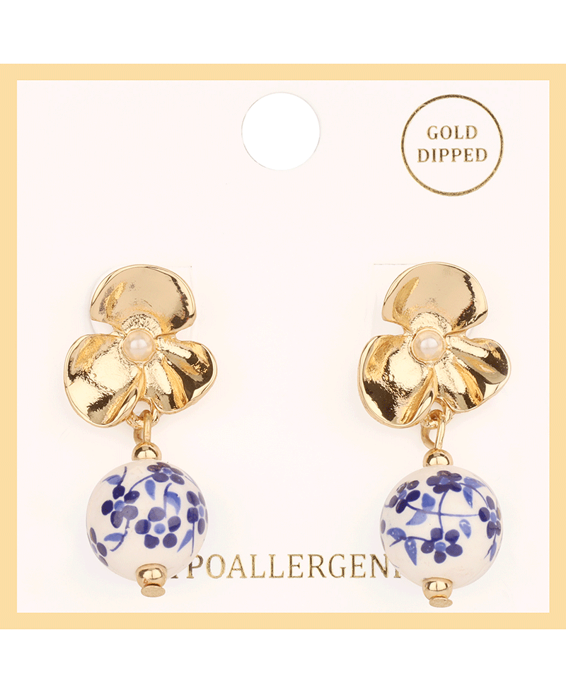 Metal Flower w/ Ceramic Bead Post Earring