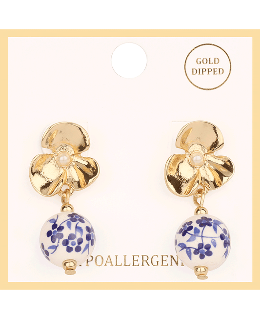 Metal Flower w/ Ceramic Bead Post Earring