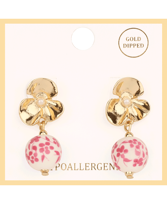 Metal Flower w/ Ceramic Bead Post Earring