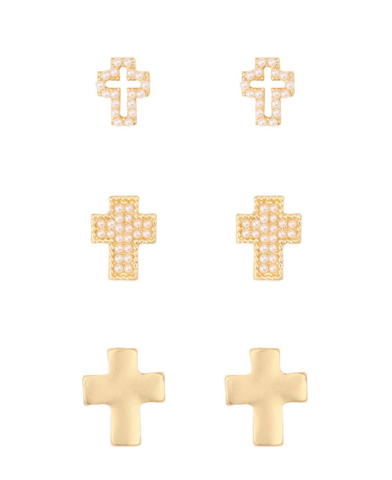 Metal & Pearl Cross 3 Pair Earring