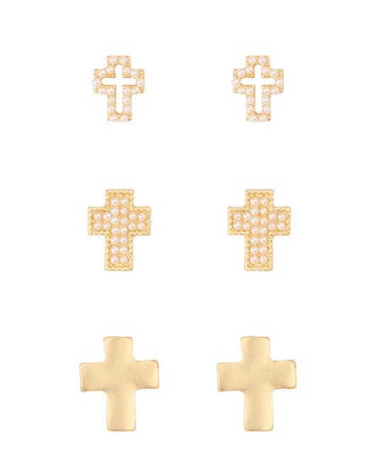 Metal & Pearl Cross 3 Pair Earring