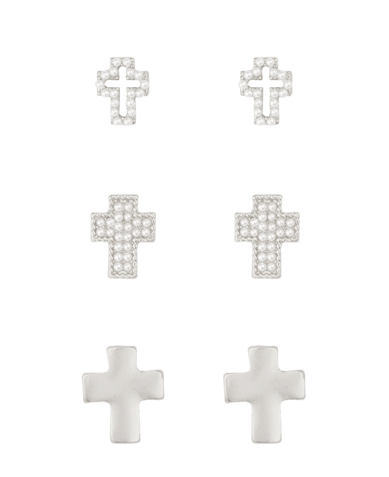 Metal & Pearl Cross 3 Pair Earring