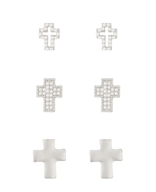 Metal & Pearl Cross 3 Pair Earring