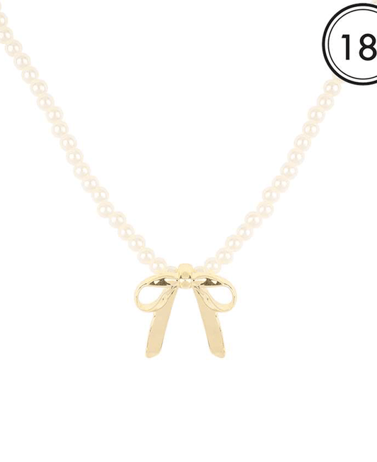 Metal Bow Pearl Necklace - 18"