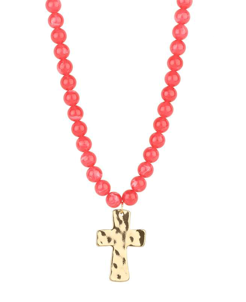 Resin Bead Cross Short Necklace - 18"