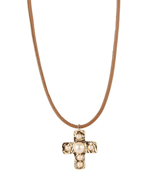Cross w/ Pearls Cord Short Necklace - 18"