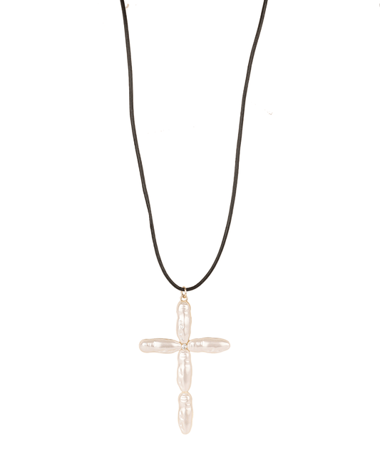 Pearl Cross Cord Short Necklace - 18"