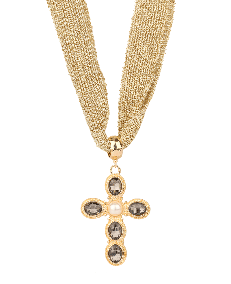 Rhinestone Cross Fabric Necklace - 18"