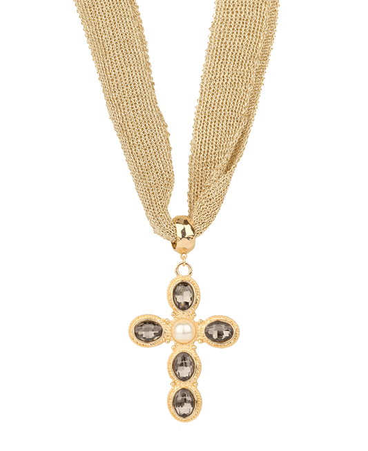 Rhinestone Cross Fabric Necklace - 18"