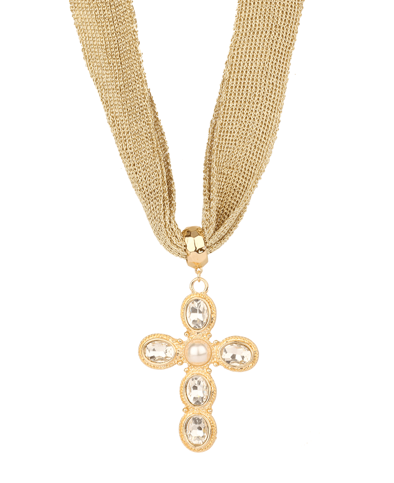 Rhinestone Cross Fabric Necklace - 18"