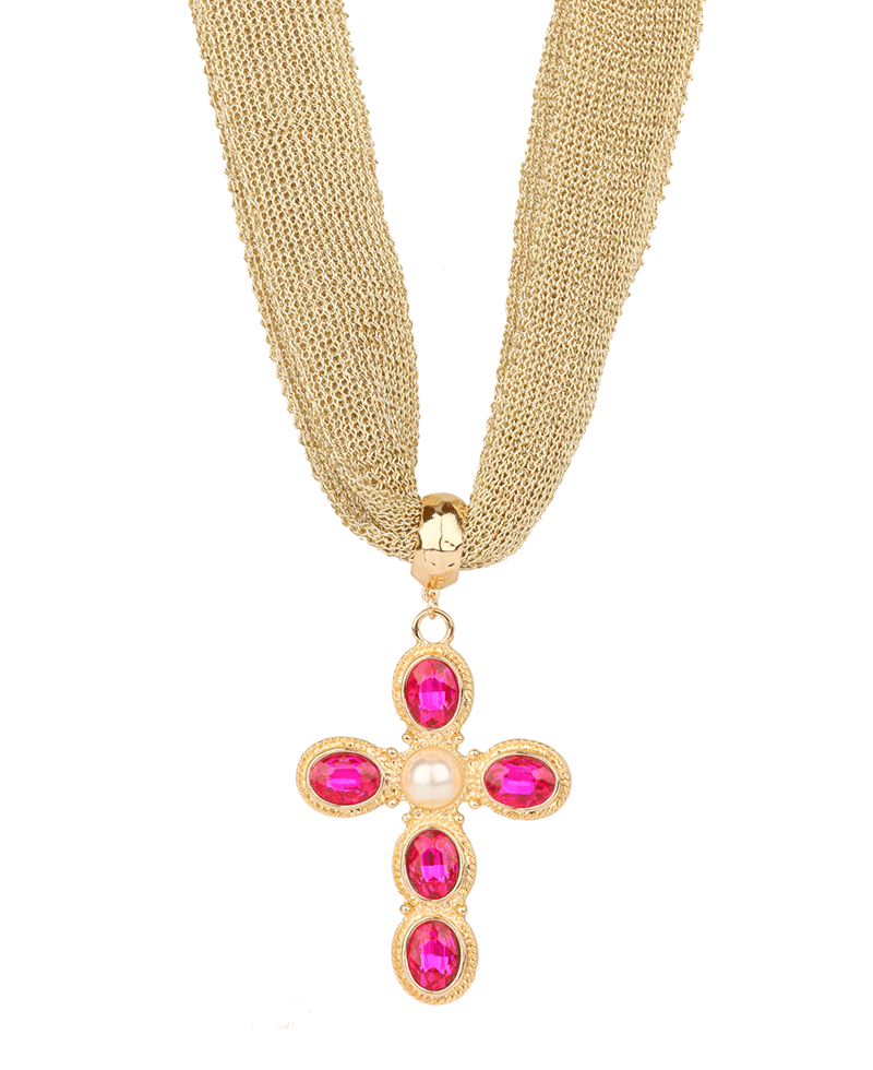Rhinestone Cross Fabric Necklace - 18"