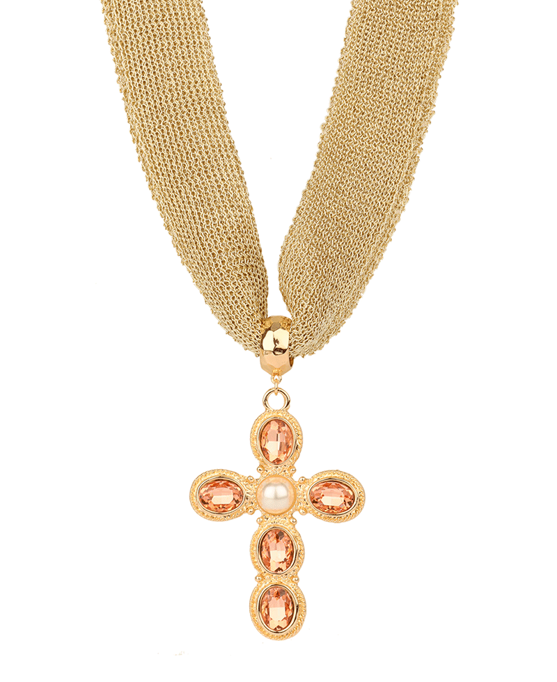 Rhinestone Cross Fabric Necklace - 18"