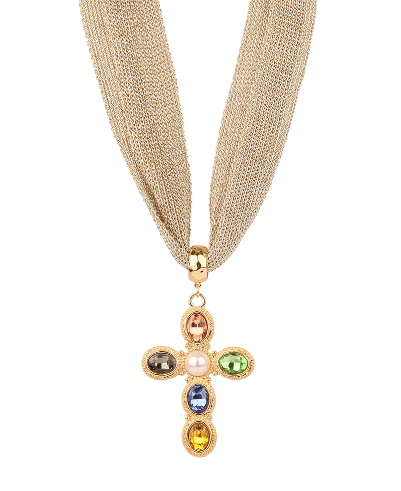 Rhinestone Cross Fabric Necklace - 18"