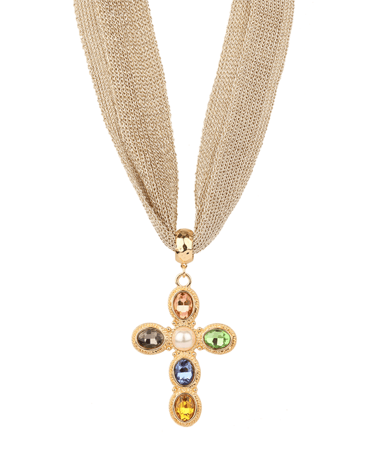 Rhinestone Cross Fabric Necklace - 18"