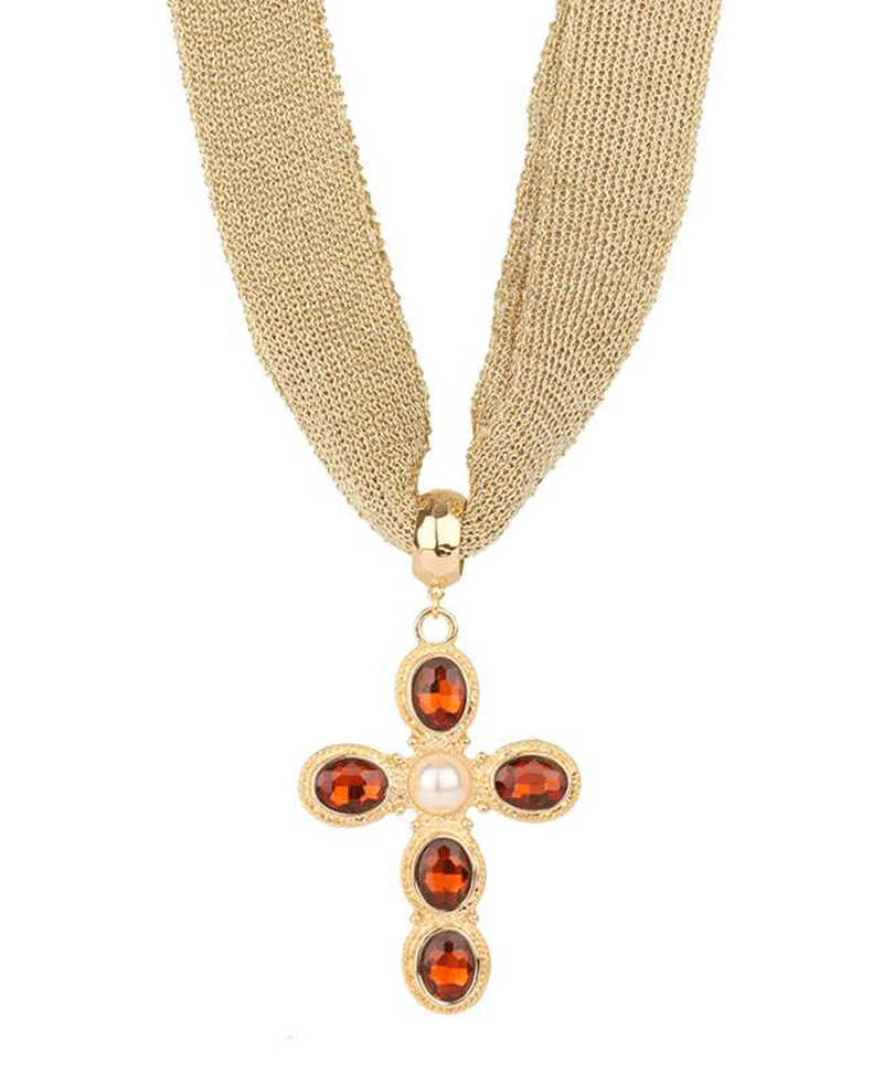 Rhinestone Cross Fabric Necklace - 18"