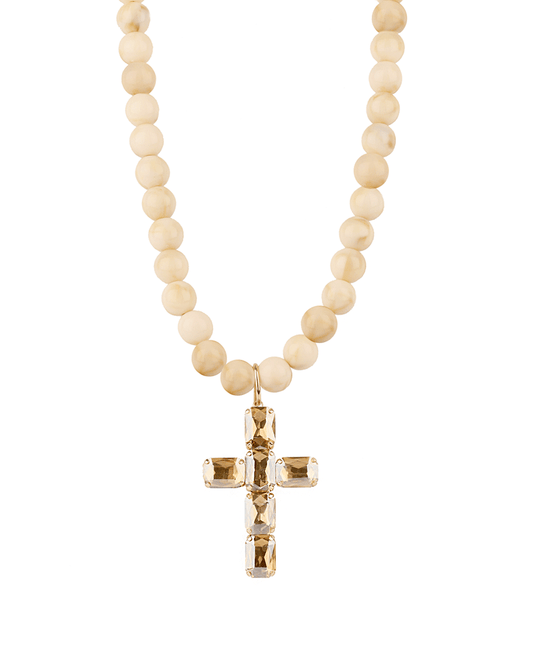 12mm Marble Beaded w/ Rhinestone Cross Necklace - 18"