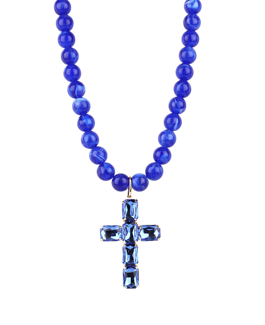 12mm Marble Beaded w/ Rhinestone Cross Necklace - 18"