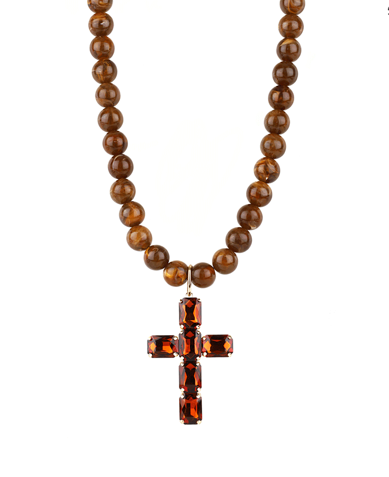 12mm Marble Beaded w/ Rhinestone Cross Necklace - 18"
