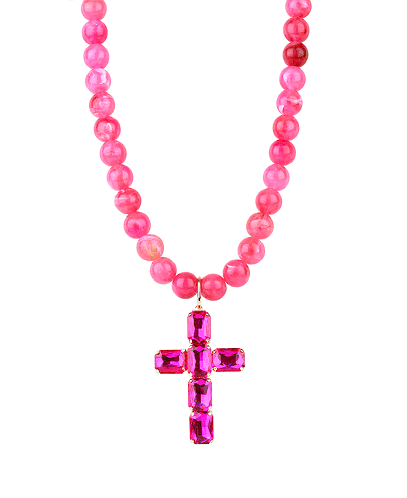 12mm Marble Beaded w/ Rhinestone Cross Necklace - 18"