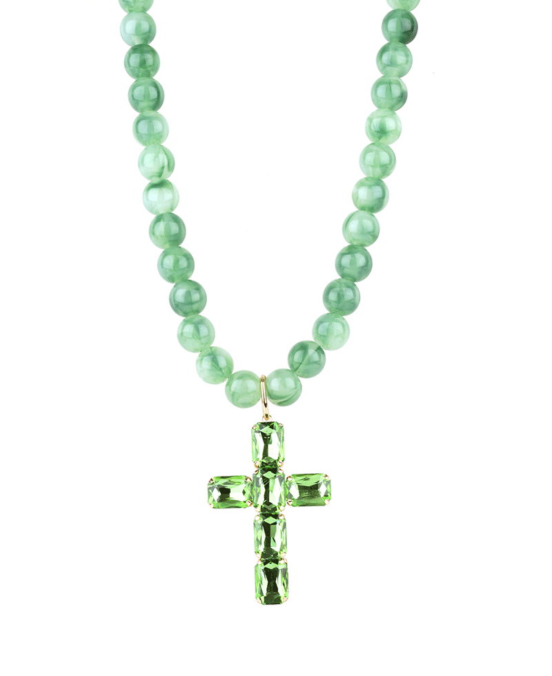 12mm Marble Beaded w/ Rhinestone Cross Necklace - 18"