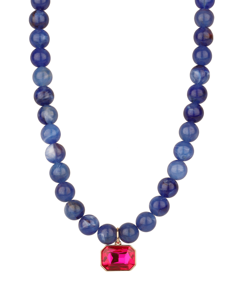 12mm Marble Beaded w/ Crystal Pendant Necklace - 16"