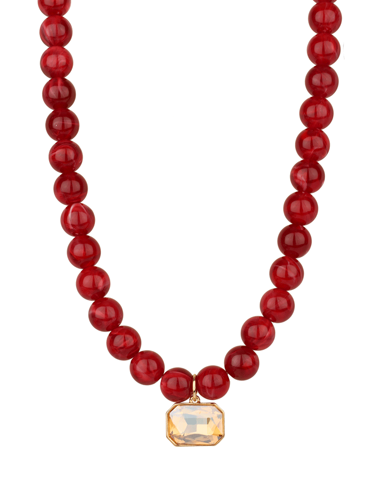 12mm Marble Beaded w/ Crystal Pendant Necklace - 16"