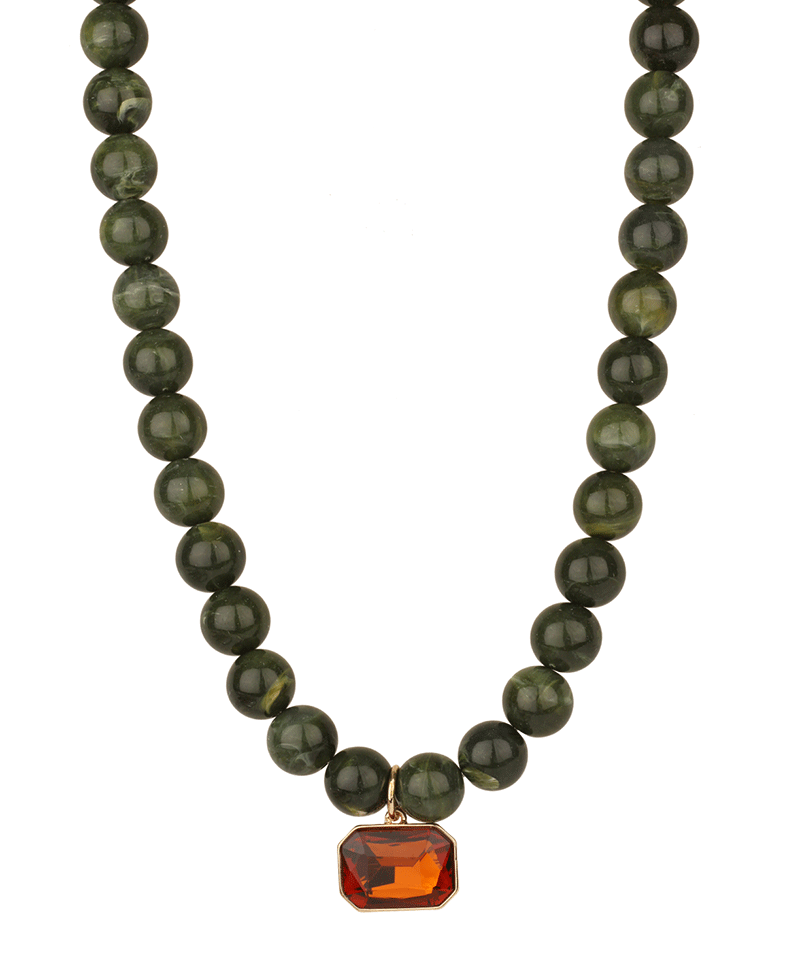 12mm Marble Beaded w/ Crystal Pendant Necklace - 16"