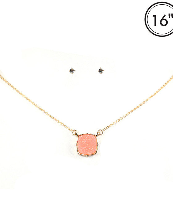 Druzy Square Pendant Necklace Set
