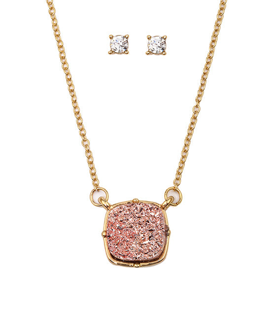 Druzy Square Pendant Necklace Set