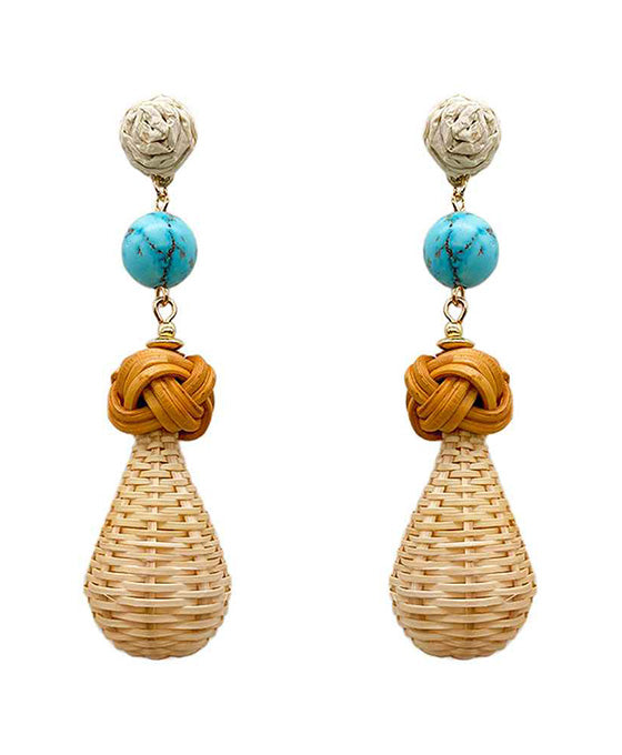 Rattan w/ Ball & Raffia Post Earring
