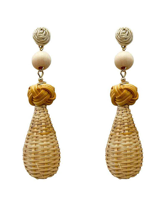 Rattan w/ Ball & Raffia Post Earring