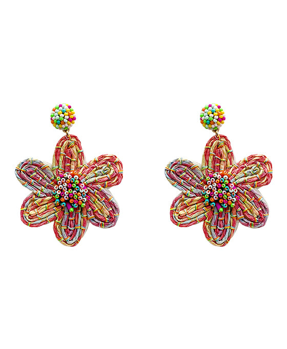 Raffia Flower Seed Bead Post Earring