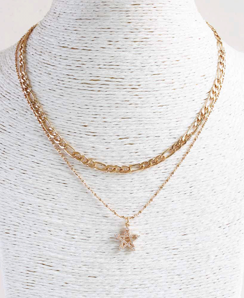 Double Layered Chain w/ Pave Star Pendant Necklace