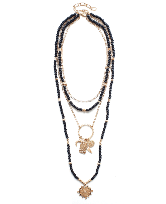 Beaded & Chain Layered w/ Multi Charm Necklace